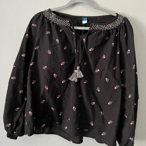Old Navy Black Embroidered Women's cotton Top Balloon Sleeve Boho